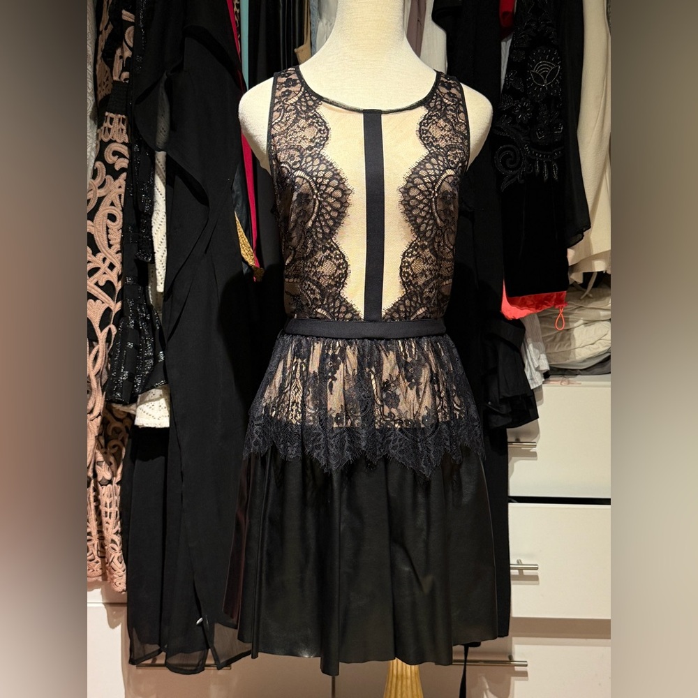 BCBGMaxAzria Black and Beige Lace and Leather Dress